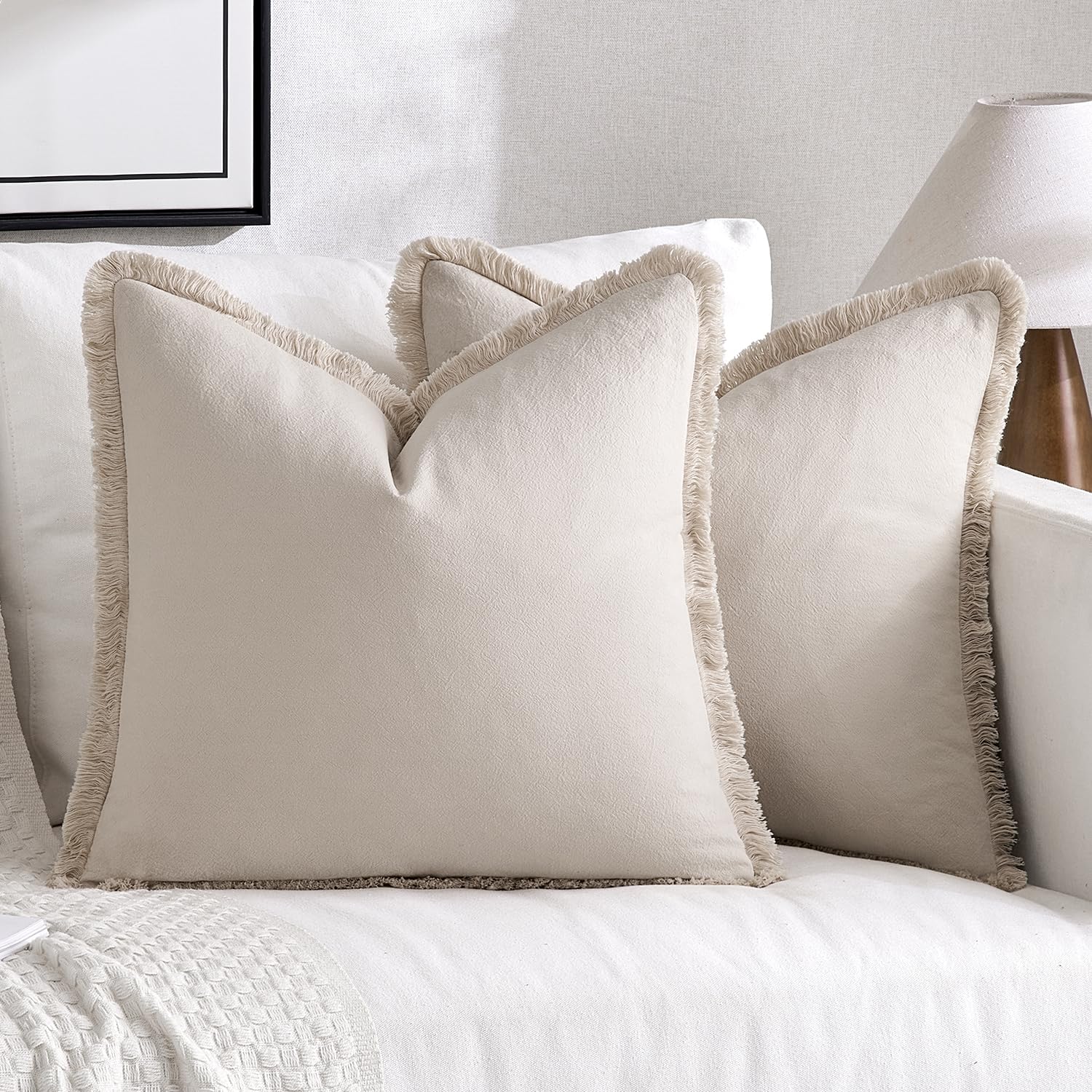 Miulee Pillow Covers Boho Farmhouse 24X24 Set Of 2 Decorative Neutral Couch Pillow Covers With Fringe Chic Cotton Throw Pillows Home Decor Accents For Cushion Sof Bed Living Room